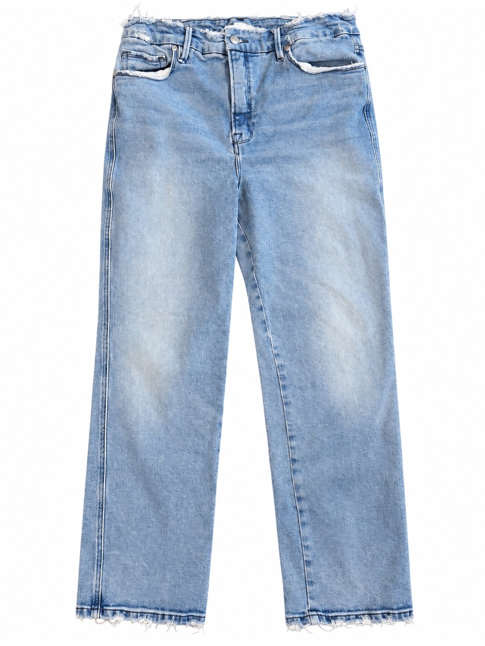 Good American Jeans 12/31 High Rise Straight Leg Light Wash Distressed Raw Hem
